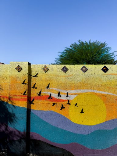 Vibrant Mountain Mural with Sunset and Flock of Birds